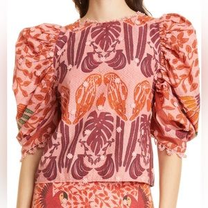 Farm Rio Women’s Ainika Macaws Puff Sleeve Cotton Blouse - Size Large